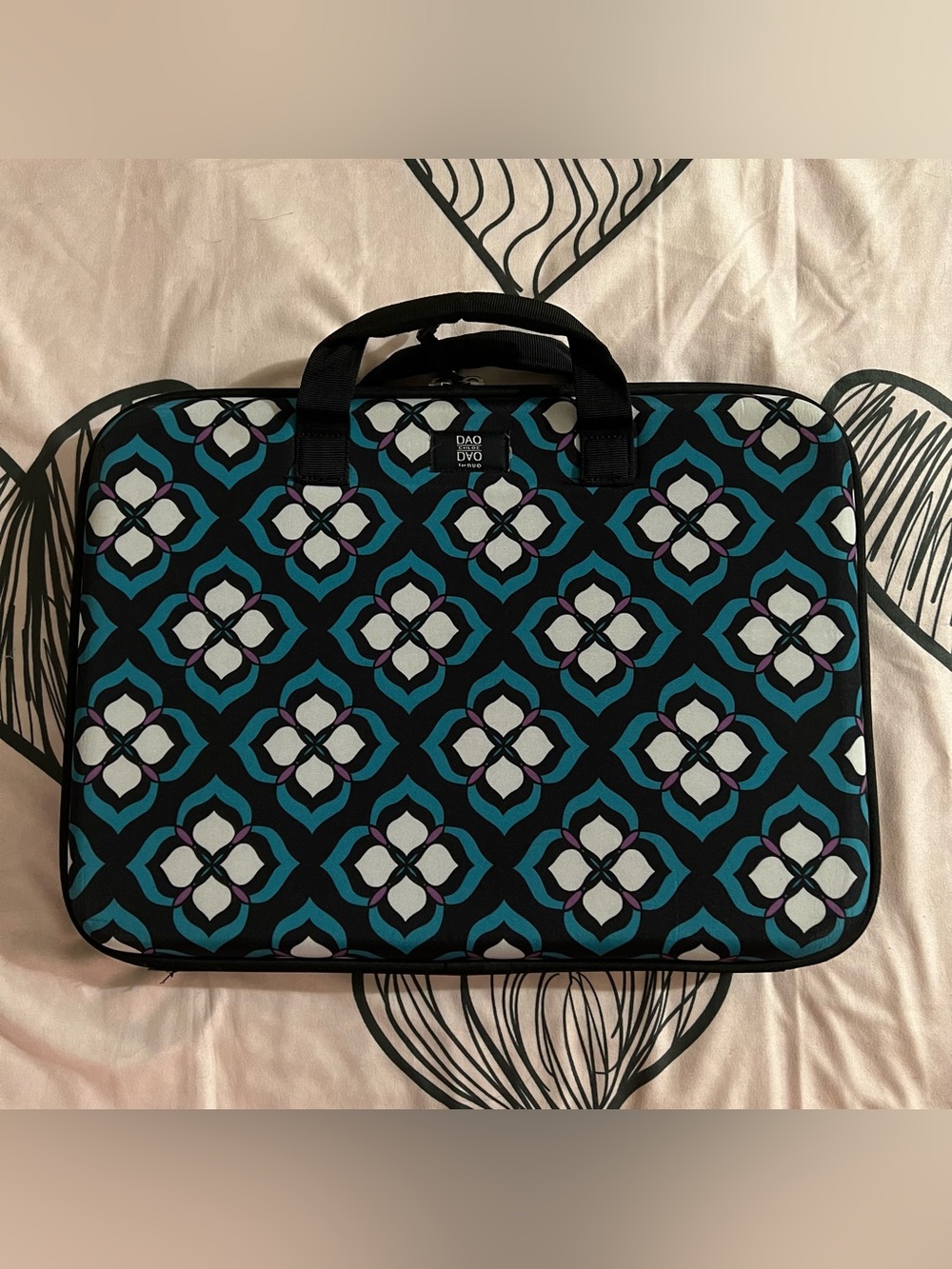 Chloe Dao 17” Laptop Tote Bag in Black, Teal & White Floral Pattern